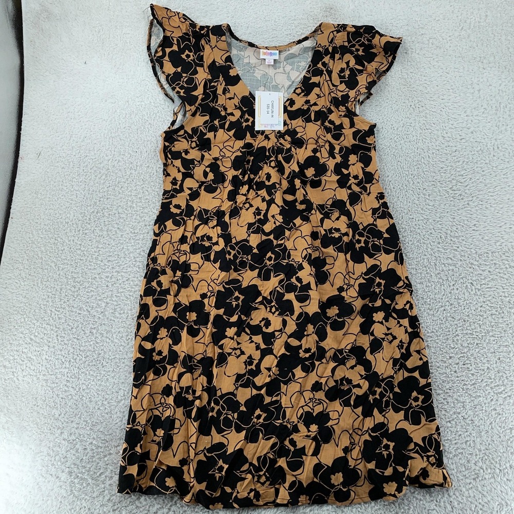 LuLaRoe Chaylin Dress Womens Medium Black Tan V Neck Flutter Sleeve Floral Knit